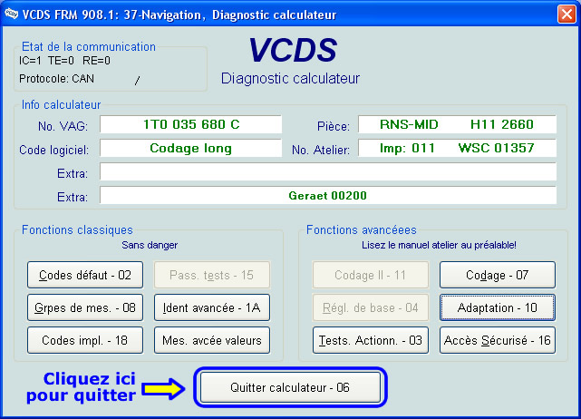 Ecran Calculateur 37 Navigation Quitter