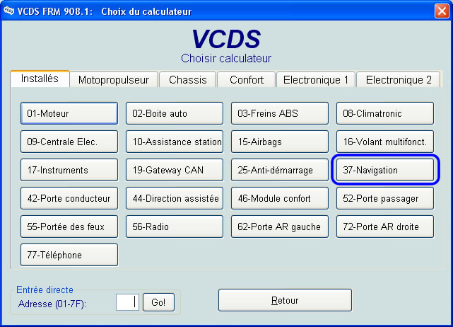 Ecran Choix Calculateur VCDS 37 Navi